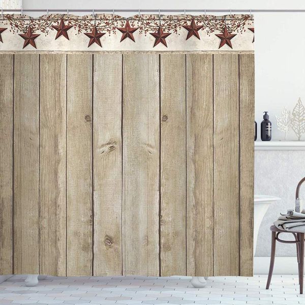 

shower curtain set with 12 hooks,country wooden plank patriotic western primitive barn star and berry on vintage rustic wood