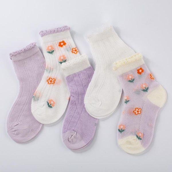 

socks 5 pair summer mesh baby flower embroidery kids children boys girls ankle soft breathable infant toddler floor, Pink;yellow