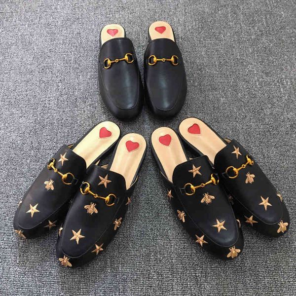

muller shoes star embroidered bee slippers are half of bees outside wear flat embroidery baotou pitot, Black