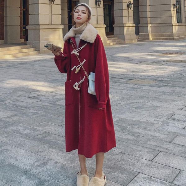 

women's wool & blends ins korean version wood horn button detachable large collar medium length woolen overcoat for women, Black