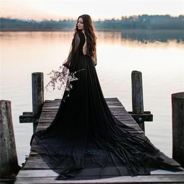 

other wedding dresses long sleeve black 2021 v-neck backless pleats simple gothic bridal gowns bride dress vestido de noiva, White