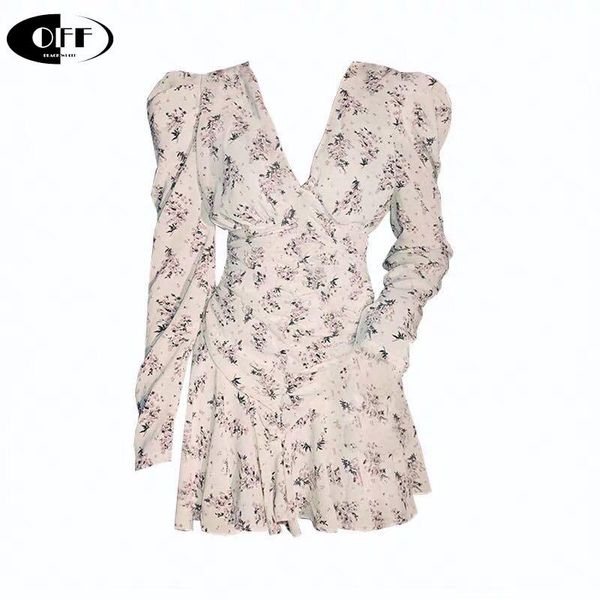 

casual dresses spring women mini dress floral bubble sleeves waist v-neck a-line pleated long was thin chiffon party night, Black;gray