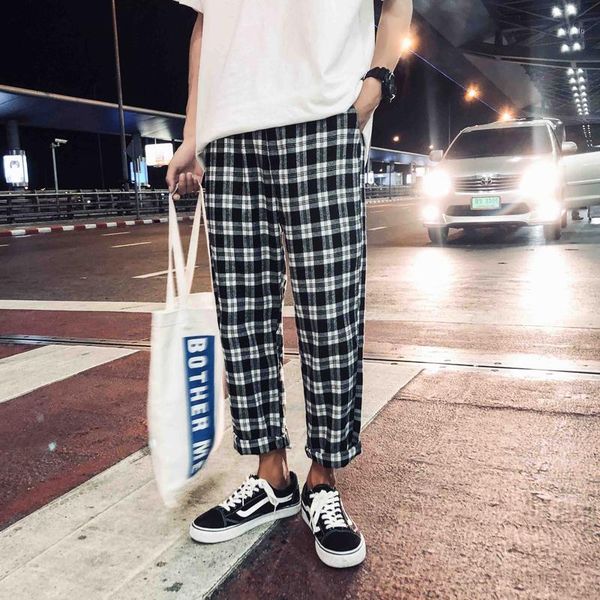 

summer style thin cotton retro lattice personality casual young men harlan fashion loose feet pants men's, Black