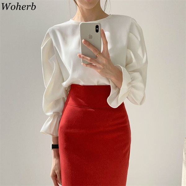 

elegant solid blouse women pleated long lantern sleeve office lady shirt 210519, White
