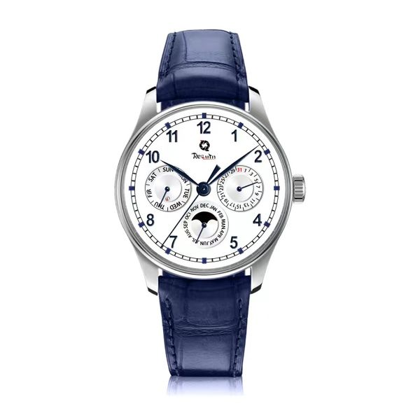 

new perpetual calendar automatic mechanical watch 42mm iw344205 white dial moon phase silver watch blue leather strap portugal requin brand, Slivery;brown