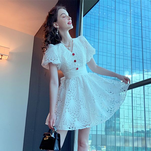 

dresses cute women v neck puff sleeve hollow out ball gown bows short white lace dress 2021 summer holiday outfit vestido de mujer, Black;gray