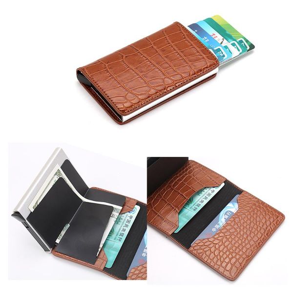

card holders women holder aluminium alloy wallet ladies mini slim business id anti-theft brush bag pass, Brown;gray