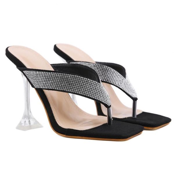 

est fashion strange high heels slippers women summer square toe crystal rhinestone sandals ladies shoes dress, Black
