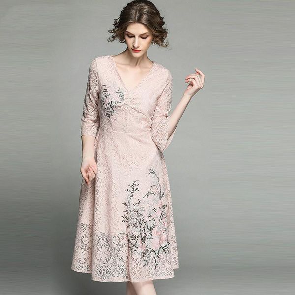 

casual dresses 2021 spring & summer a-line v-neck three quarter hollow out lace mid-calf elegant fashion dress women lece, Black;gray