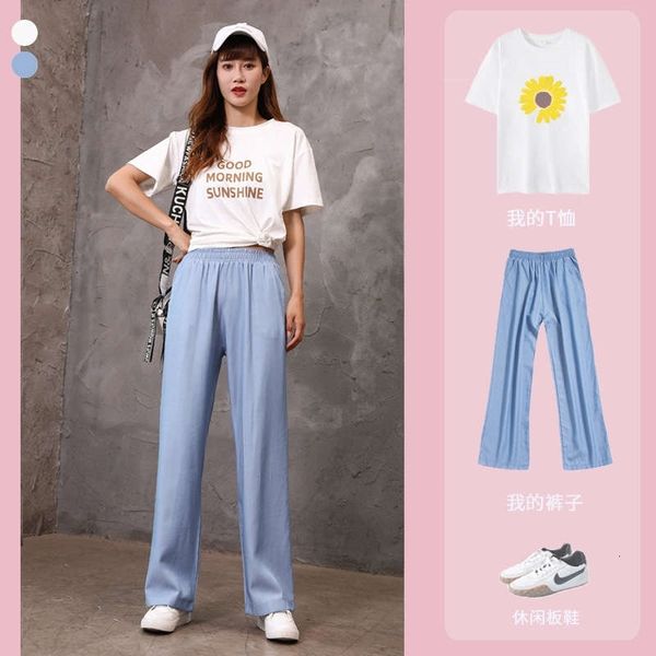

women's jeans spring and autumn tencel denim high waist large size korean straight tube casual slim mop pants 4gf3, Blue