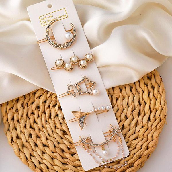 

hairpin 2021 suit moon star pearl rhinestone hairpins five-piece side clip for women hair accessories hairwear barrettes clips &, Golden;silver