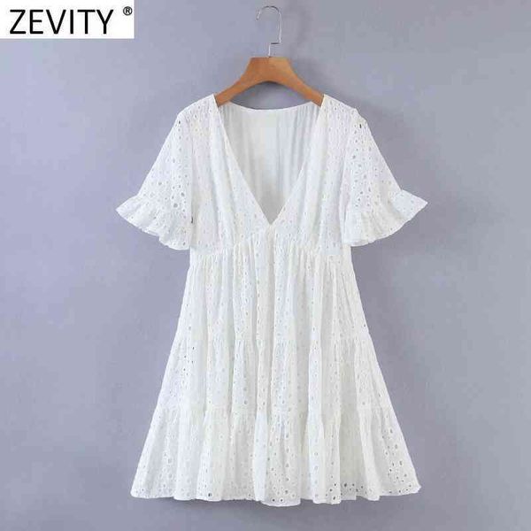 

zevity women deep v neck hollow out embroidery casual mini dress female chic butterfly sleeve ruffles a line vestido ds8146 210419, Black;gray