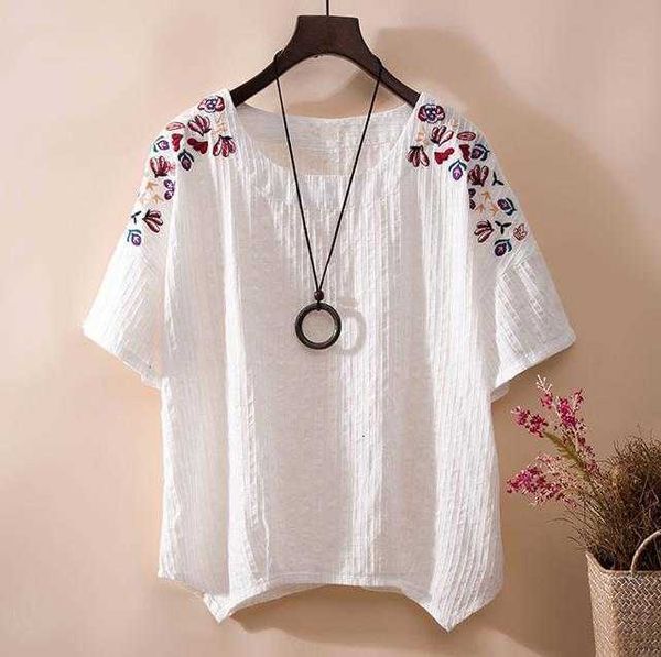 

women's blouses & shirts plus size white blouse women summer vintage embroidery floral casual comfortable cotton linen blusas k9ug