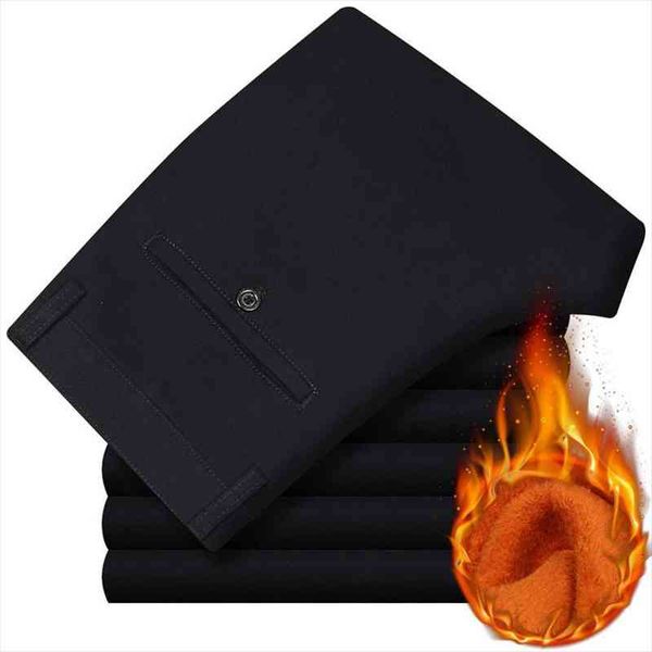 

winter mens casual pants cotton plus velvet suits pants high waist thicken fleece middle-aged male loose straight warm trousers, Black