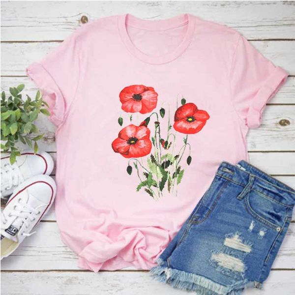 

women's t-shirt mayos floral wild plant clothing short sleeve kawaii cartoon print t-shirts, White