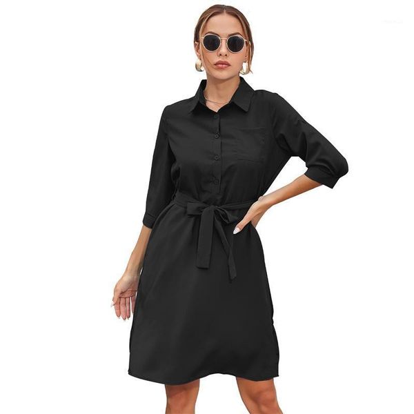

casual dresses office lady dress three quarter sleeve summer solid color mid for women 2021 slim belt streetwear, Black;gray