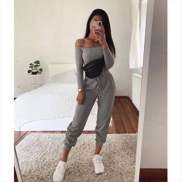 

summer wear collar shoulder sports women tracksuits suit nine minute sleeve tight belt trousers gray two piece pants