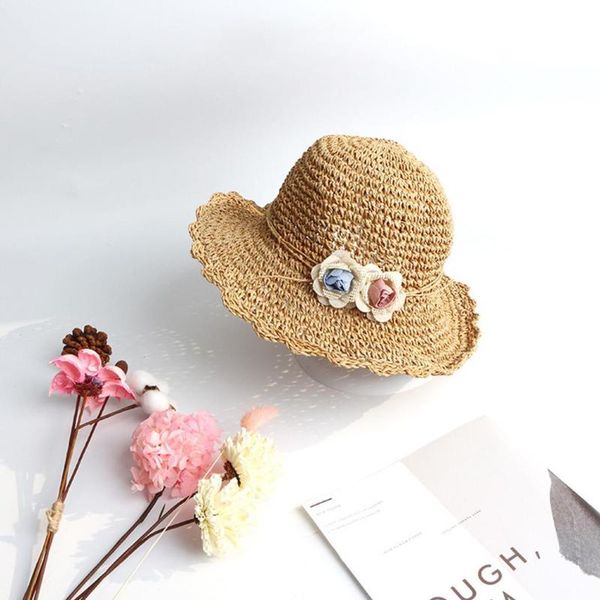 

stingy brim hats women children flower straw hat beach foldable casual casual, summer sun 52-54cm/20.4-21.2inch, Blue;gray