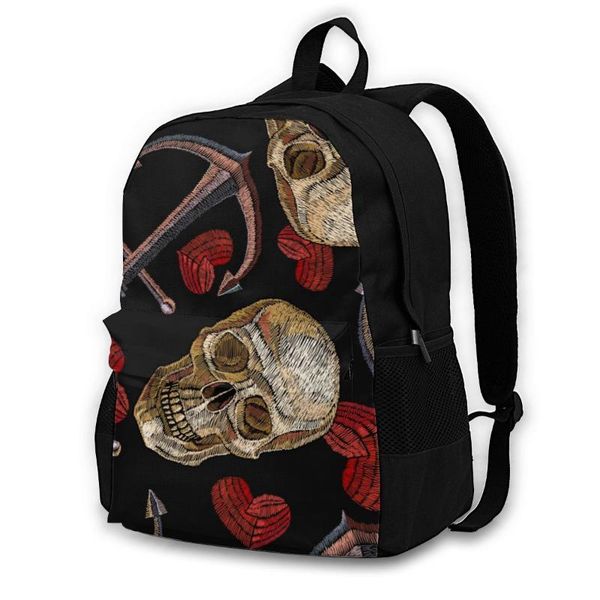 

backpack lapwomen canvas school teenagers casual travel embroidery human skull anchor and heart bags