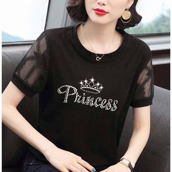

mom's 2021 large women's black lace hollow short sleeve t-shirt thin summer top, White