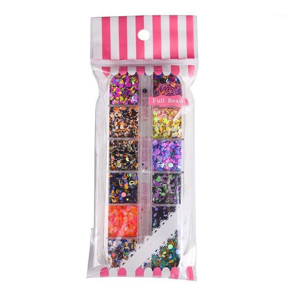 

set 12 grid nail sequins mixed 3d glitter round diy flake art decor tool nn1, Silver;gold