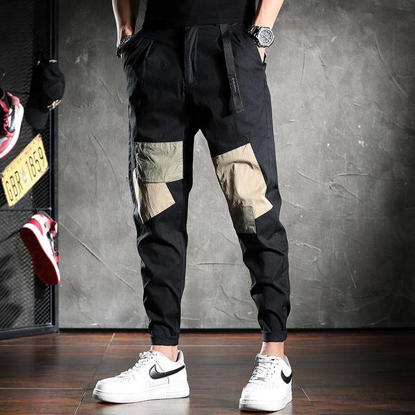 

men's pants summer thin black casual men fashion patchwork patch trousers