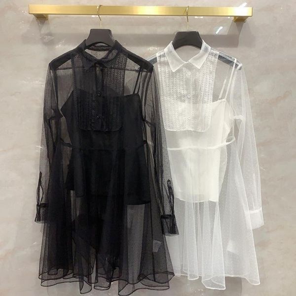

spring designer women's polka dot lace dress 100% silk lining transparence a896 casual dresses, Black;gray