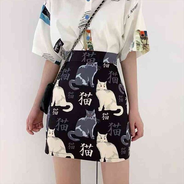 

fashion a-line high waist cat womens skirts mini harajuku ulzzang cartoon print faldas mujer korean vintage female skirt, Black