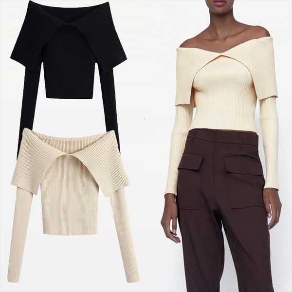 

za fit knit women shirts off shoulder v neck long sleeve knitted woman fashion casual autumn blouse, White