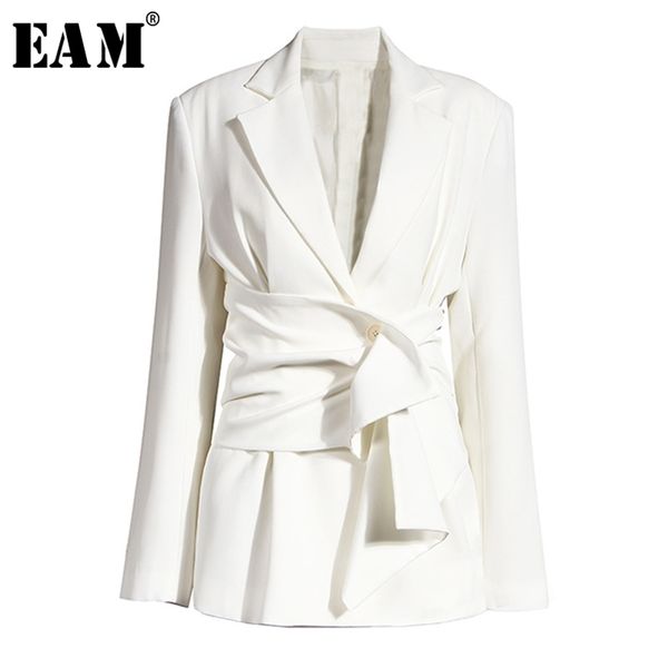 

[eam] women white knot split joint irregular blazer lapel long sleeve loose fit jacket fashion spring autumn 1x343 211006, White;black