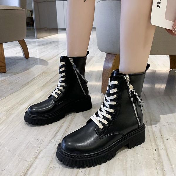 

boots black women metal zipper round toe ankle platform punk motorcycle short shoes botas mujer