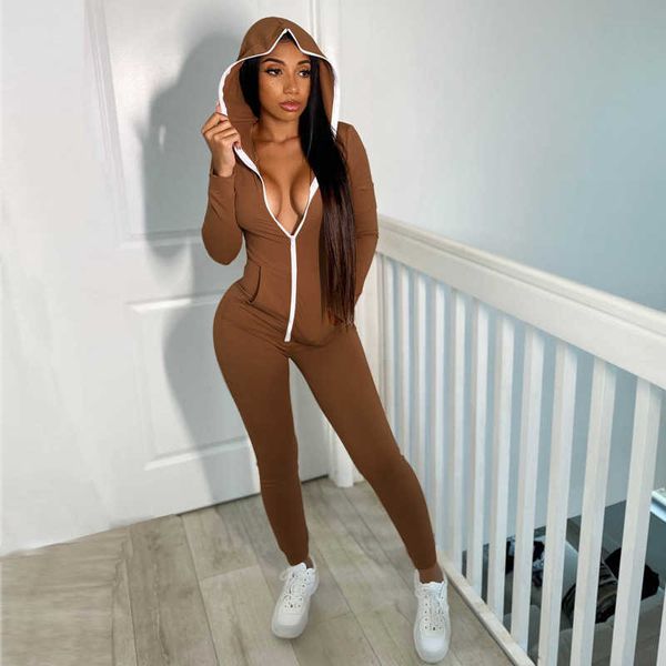 Herbst Winter Hoodie Jumpsuit Frauen Langarm Reißverschluss Sport Casual Jumpsuits Schwarz Streetwear Slim Sexy Overalls 210604