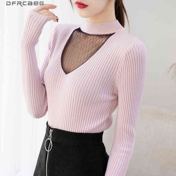 

women's sweaters elegant mesh lace knit sweater women vintage autumn winter knitted turtleneck pull femme hollow out v-n, White;black