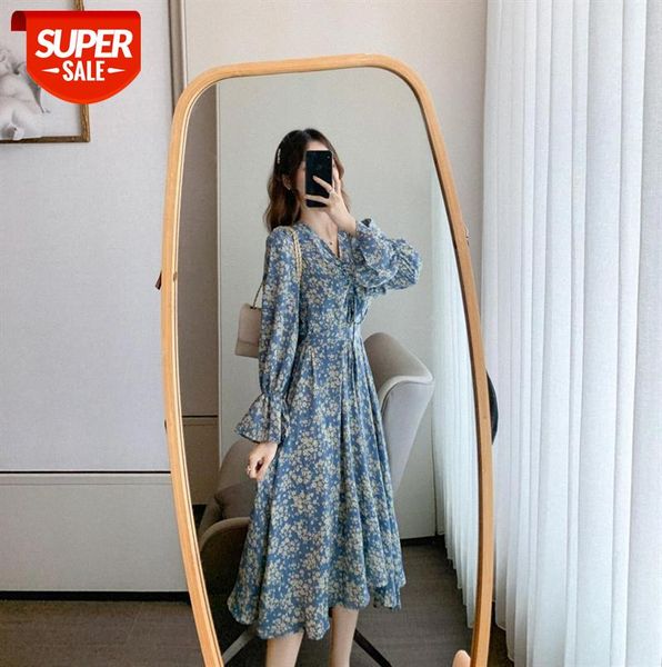 

floral v-neck waist temperament was thin chiffon drawstring trumpet sleeve mid-length dress for women #h01p, Black;gray