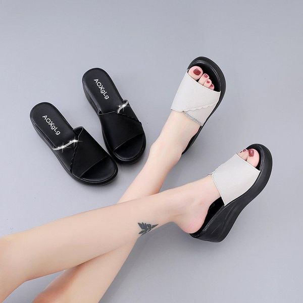 

slippers 2021 style women's summer flat round toe sandals high heel open platform woman beach, Black