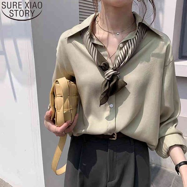

summer spring women blouse feminine blusa solid 7 colors lapel cardigan elegant casual plus size loose 9360 210417, White