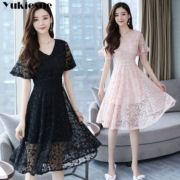 

summer women dresses women's black vintage maxi party short sleeve offical a-line bodycon lace dress plus size 210518, Black;gray