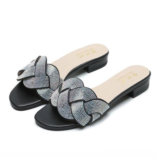 

slippers summer ladies slippers, flat-bottomed casual, rhinestone flip flops, comfortable flat-heeled large size sandals 35--42, Black