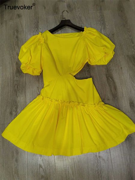 

truevoker european high street waist hollow out club party dress lady short sleeve yellow frill fessta vestido 210602, Black;gray