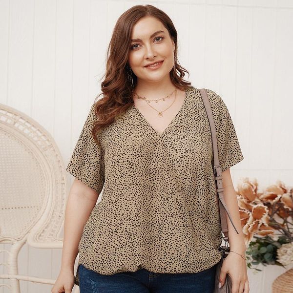

women's blouses & shirts jysscude 2021 spring summer plus size leopard blousel v-neck short-sleeved product fat intellectual shirt, White