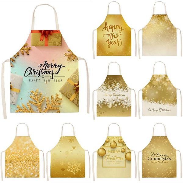 

aprons 1pcs christmas golden gift pattern cleaning 53*65cm home cooking kitchen cook wear pinafore cotton linen bibs 46379