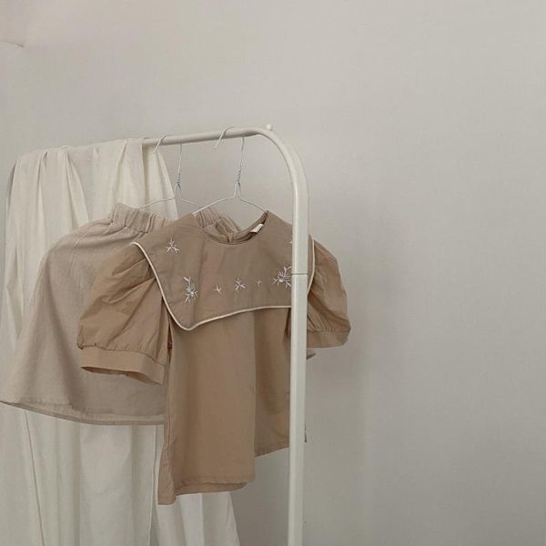 

summer girls clothes set kids vintage blouse cotton linen skirt embroidery collar shirt for baby children clothing sets, White
