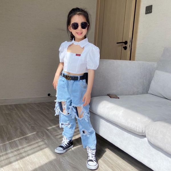 

summer fashion boys and girls style ripped solid color printed letter jeans european american foreign trade childr, Blue