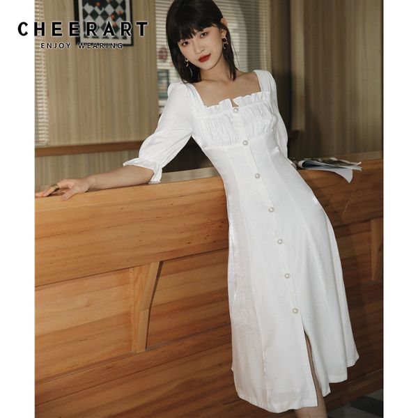 

vintage court white long elegant dress women puff sleeve square neck button up ladies tunic midi french 210427, Black;gray