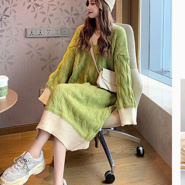 

casual dresses 2021 autumn knitted dress women one piece winter v-neck designer office sweater oversize vintage long sleeve, Black;gray