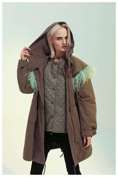 

women's trench coats msxu autumn winter cool vintage ostrich feather detachable casual windbreaker coat blazer, Tan;black