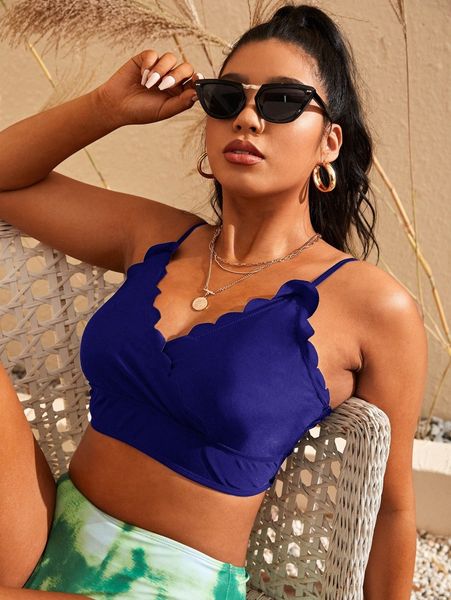 

plus scallop trim bikini a91z#, Black