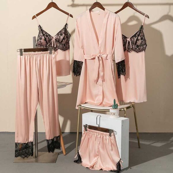 5 pezzi pigiama set raso di pizzo da donna pigiama da notte vestito da notte cinturino sexy top pantaloni indumenti da notte con pettorali pigiama da sposa homewear Q0706