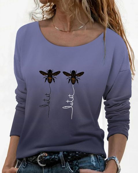 

2021 autumn and winter new women's gradient color two bee print round neck long-sleeved t-shirt, White