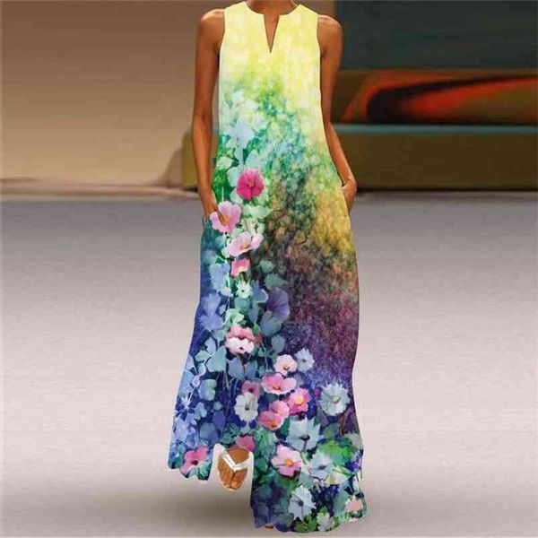 Летняя ретро печать длинное платье V-образным вырезом многоцветных сексуальных без рукавов женщин мода свободный пуловер Maxi ES 210517